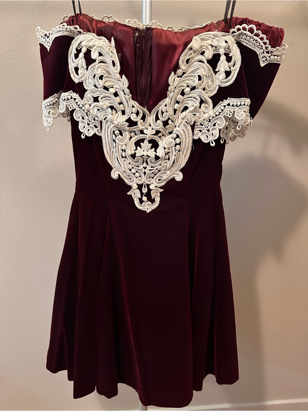 Scott McClintock Wine Velvet Off-Shoulder Mini with Cream Lace Applique